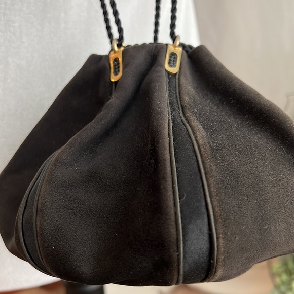 Judith Leiber Drawstring Puff Evening Bag~Black Suede Leather w/ Black Crystals - Picture 4 of 8